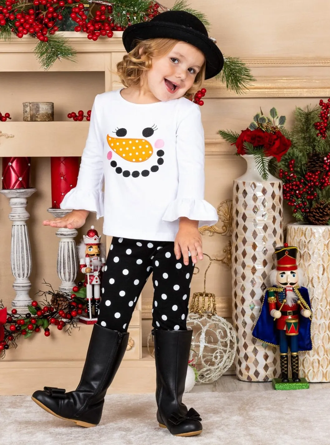 Girls Long Ruffled Sleeve Snowman Top And Ruffled Polka Dot Legging Set