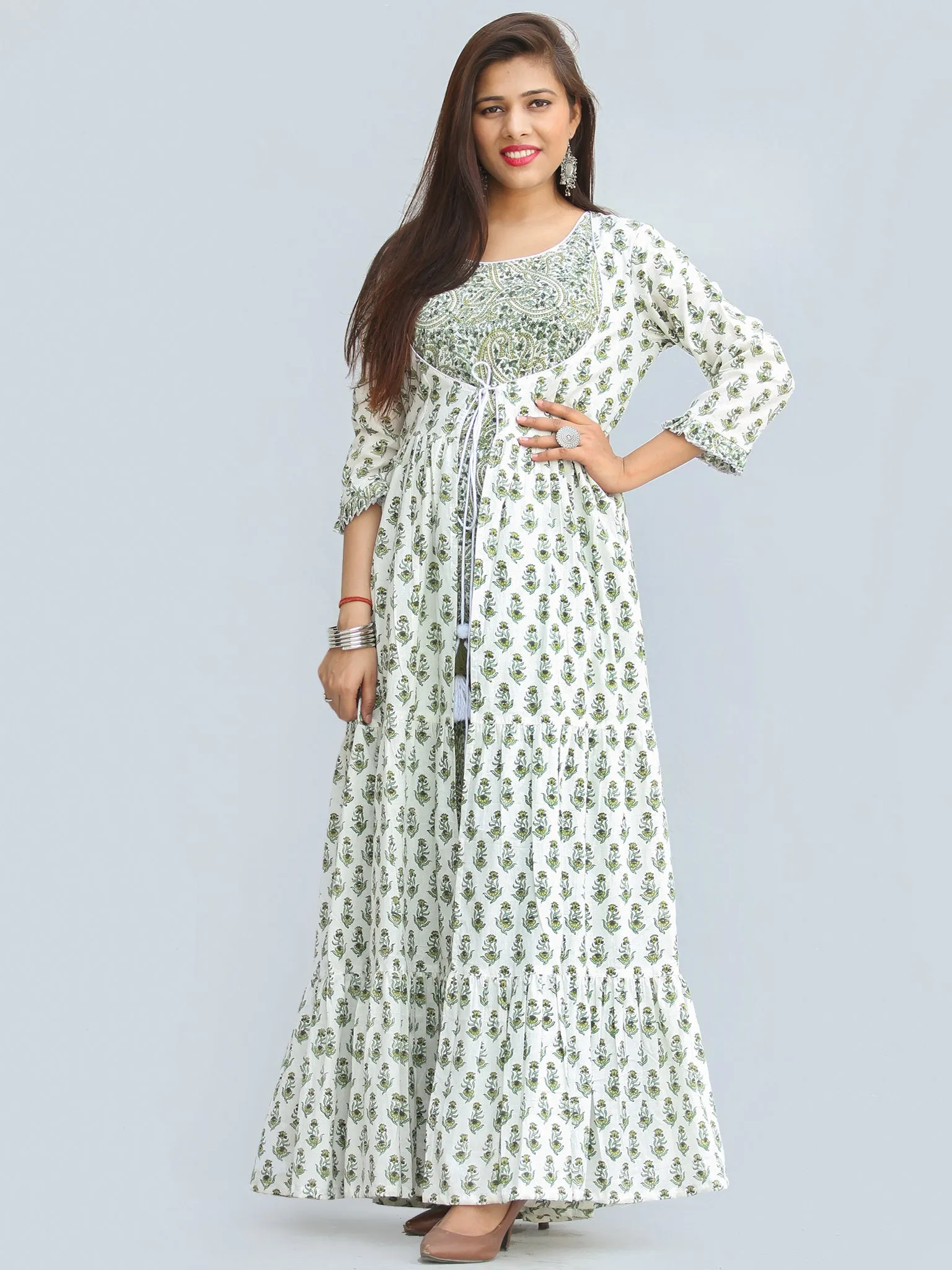 Gulzar Parinaz - Hand Block Printed Pleated Long Cape Dress With Tunic - D428F2274