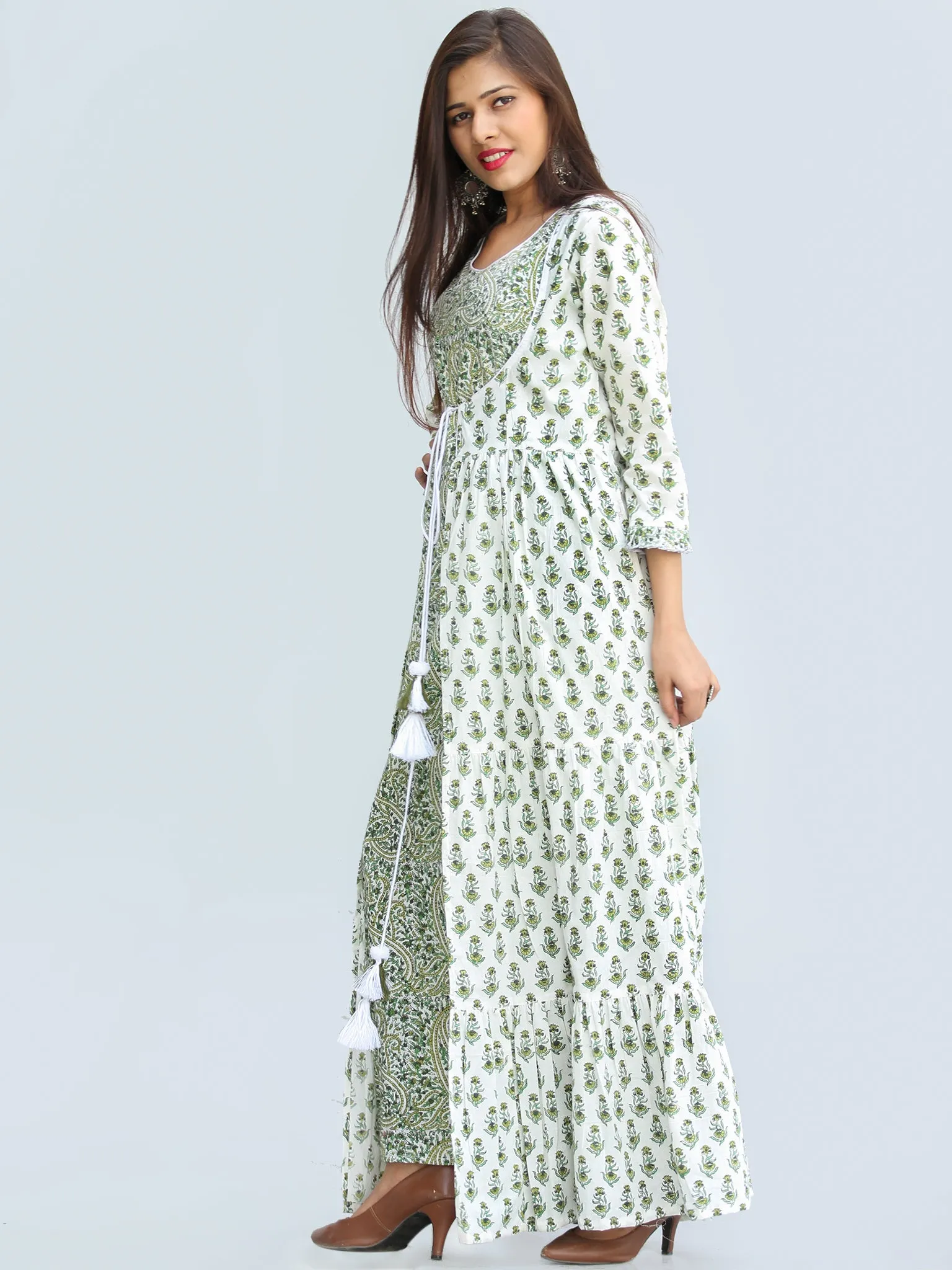 Gulzar Parinaz - Hand Block Printed Pleated Long Cape Dress With Tunic - D428F2274