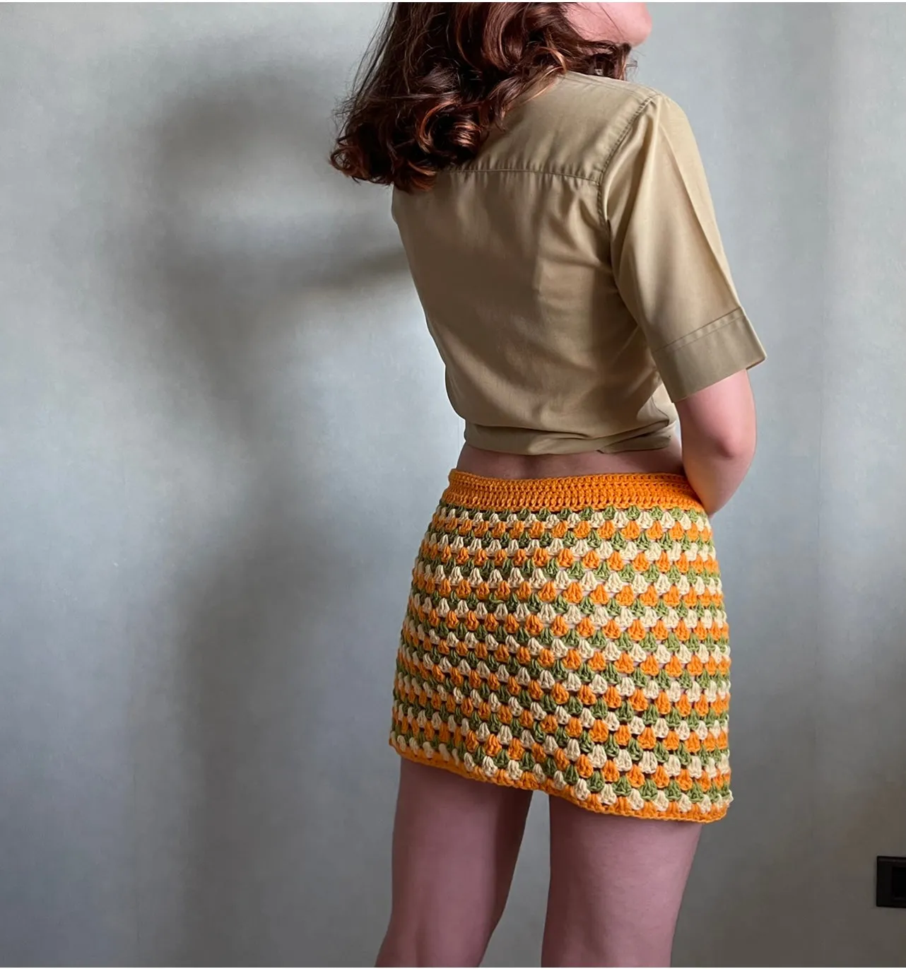 Handmade 100% cotton retro crochet skirt in green, orange & yellow