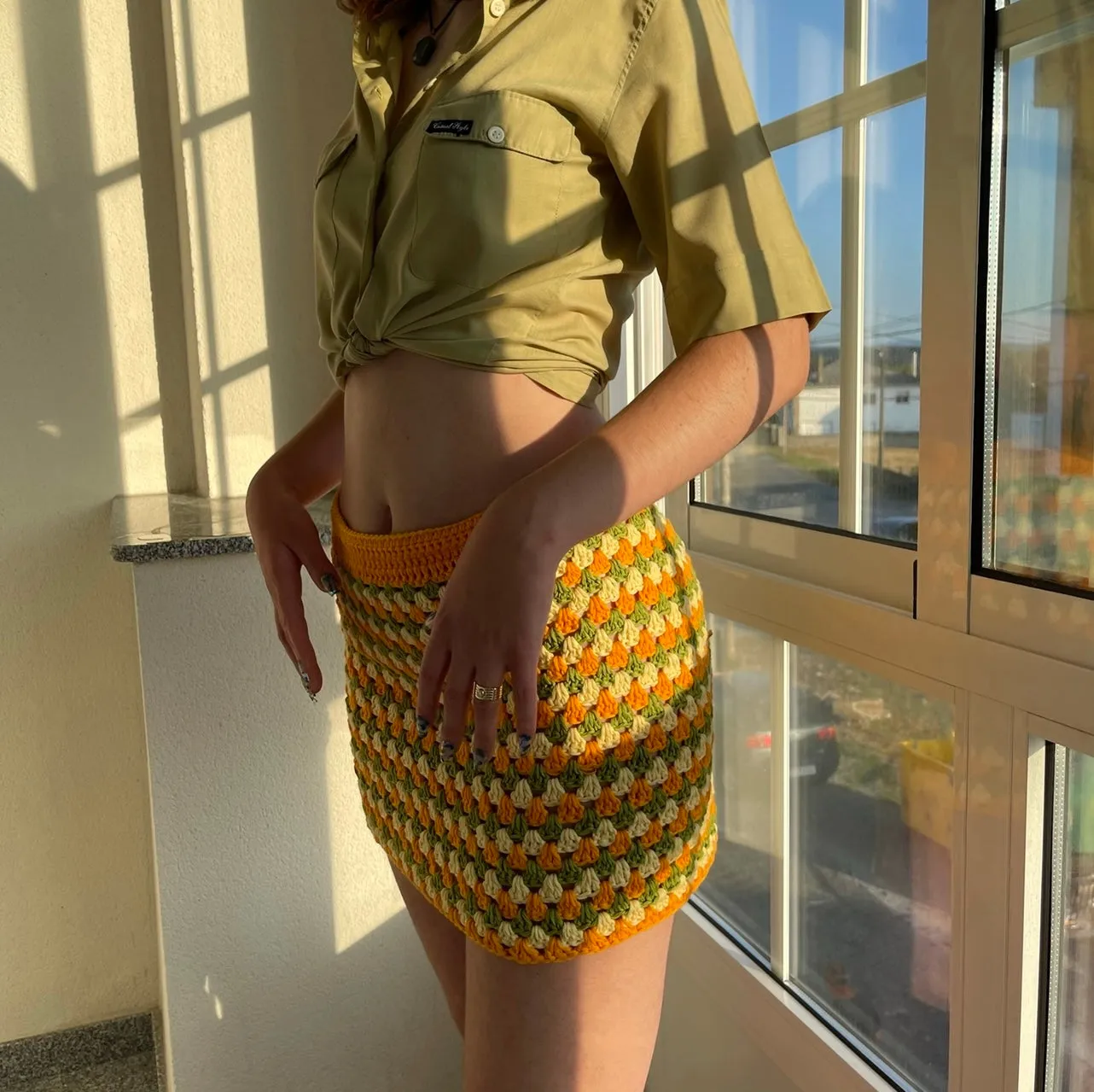 Handmade 100% cotton retro crochet skirt in green, orange & yellow