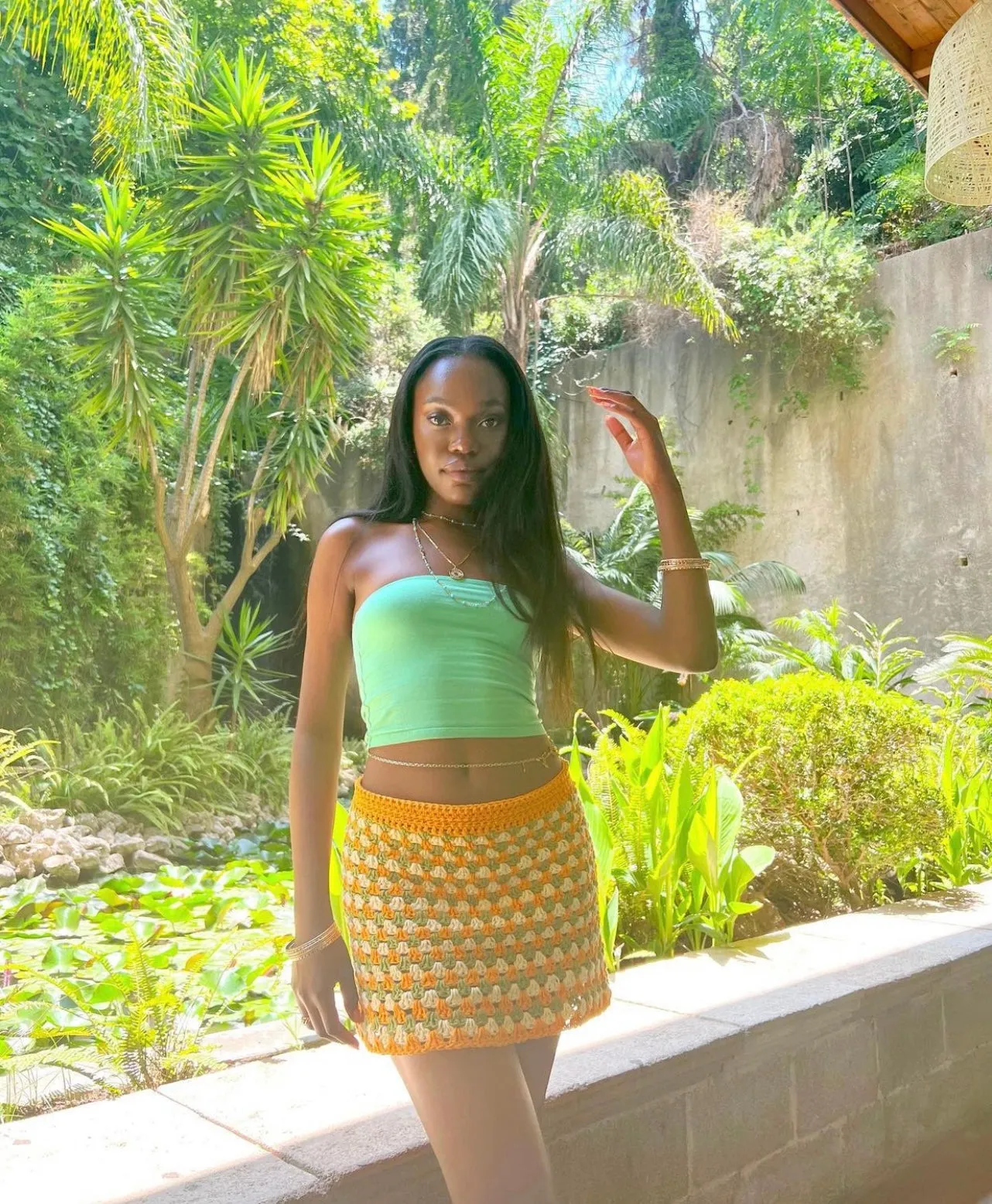 Handmade 100% cotton retro crochet skirt in green, orange & yellow