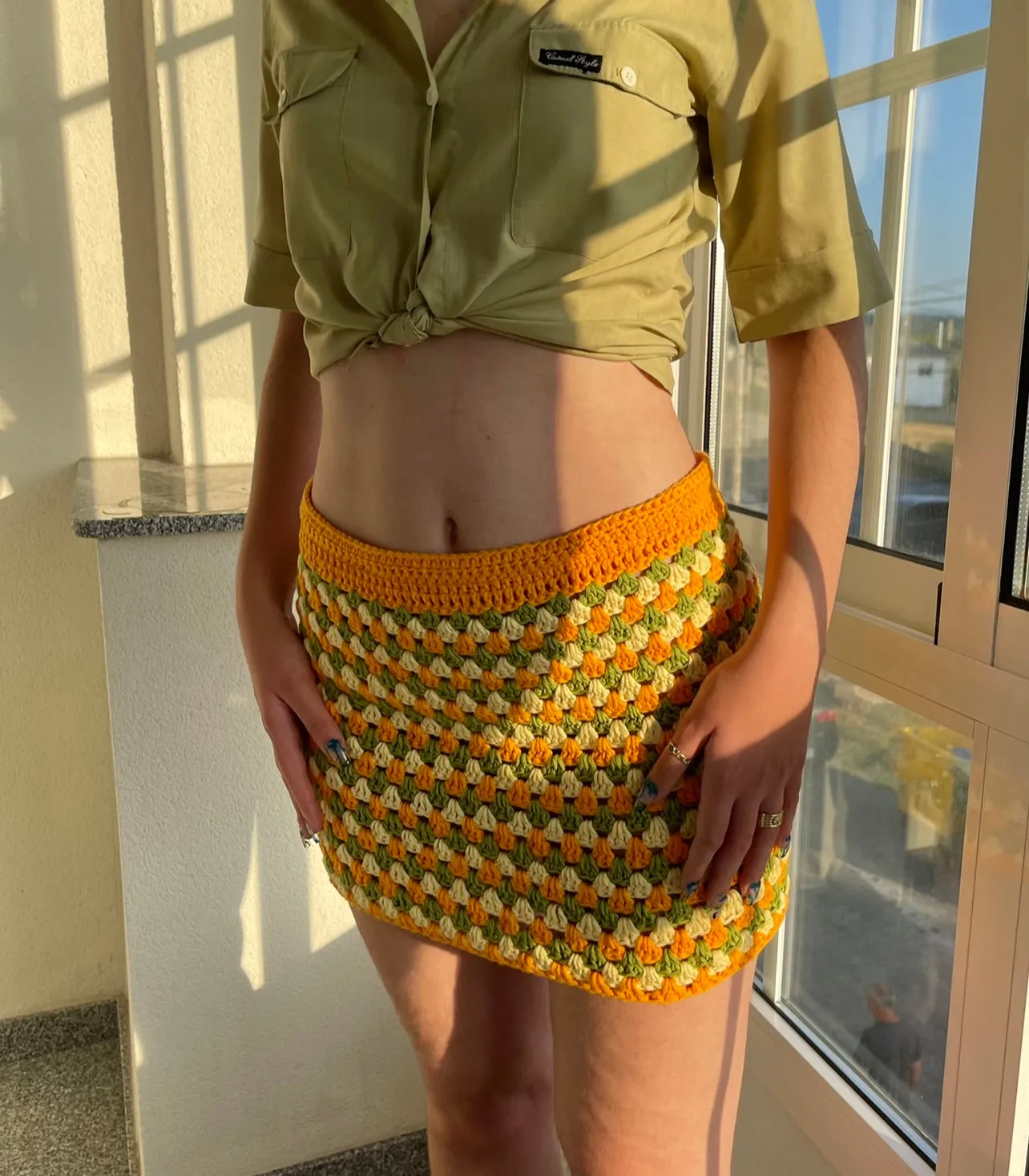 Handmade 100% cotton retro crochet skirt in green, orange & yellow