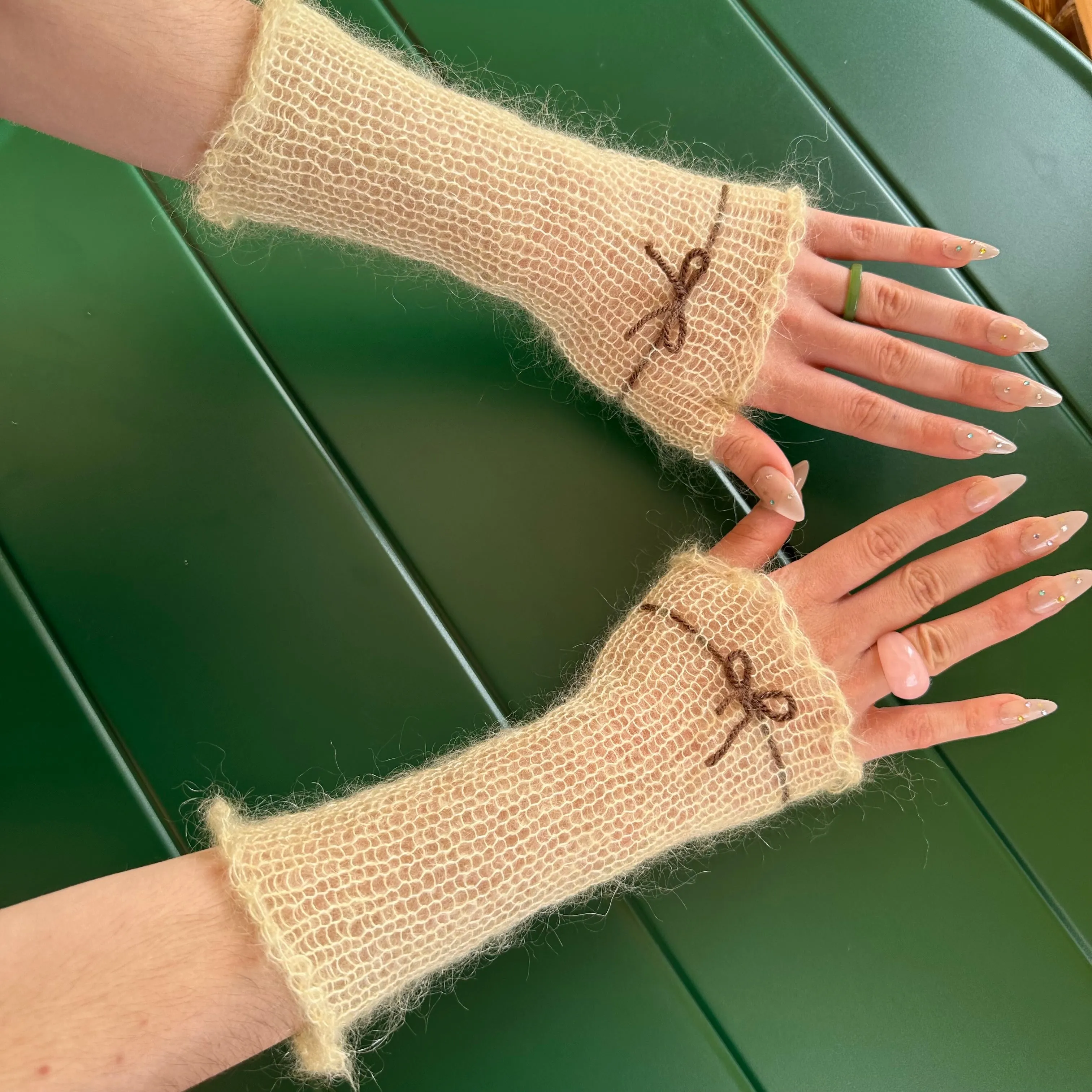 Handmade knitted mohair bow gloves in light yellow and brown - with thumb hole