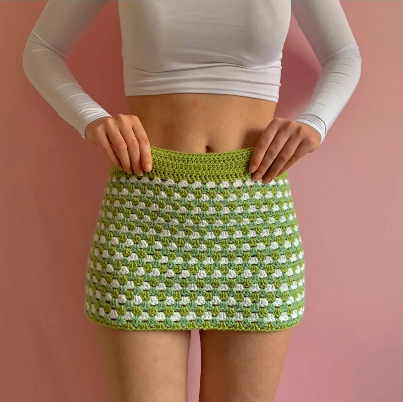 Handmade retro crochet mini skirt in green and white