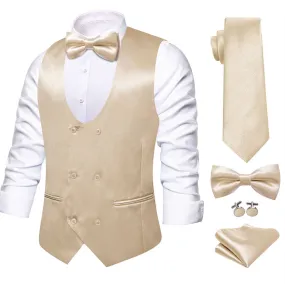 Hi-Tie Champagne Solid U-Neck Double-Breasted Vest Necktie Bowtie Set