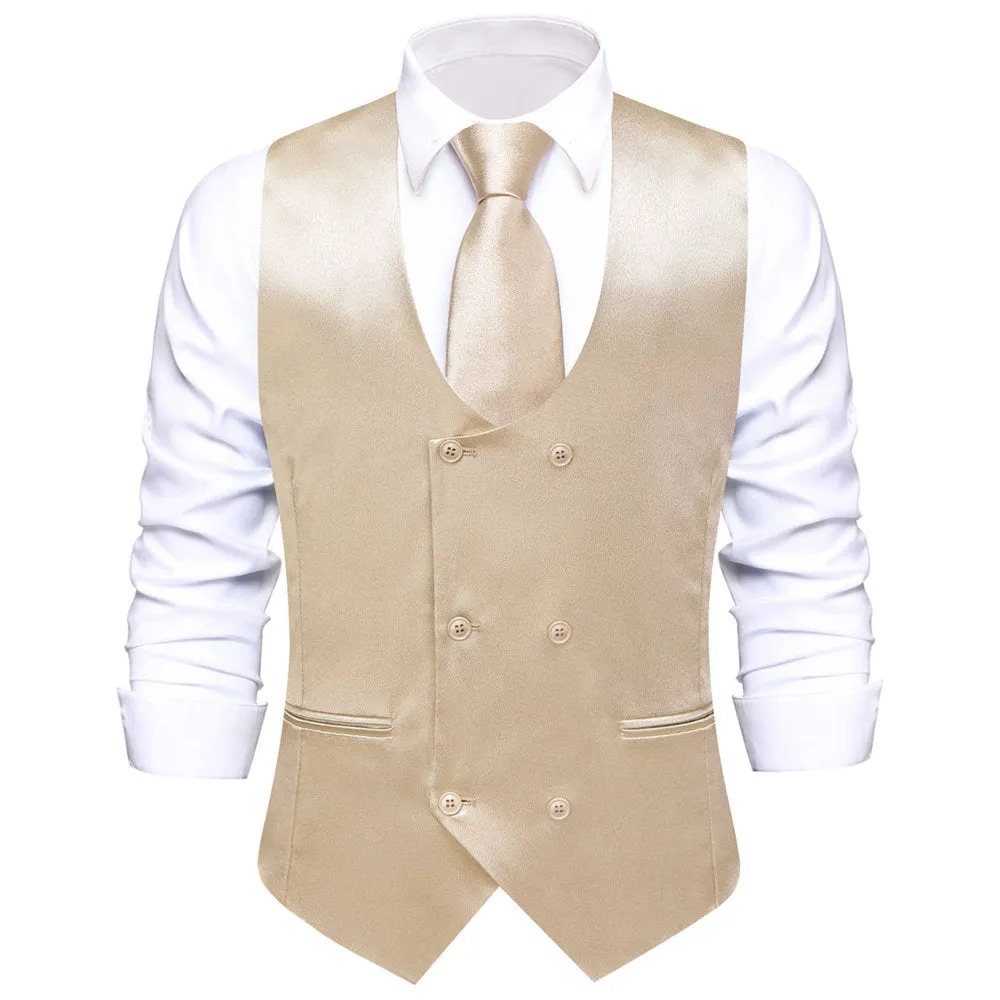 Hi-Tie Champagne Solid U-Neck Double-Breasted Vest Necktie Bowtie Set