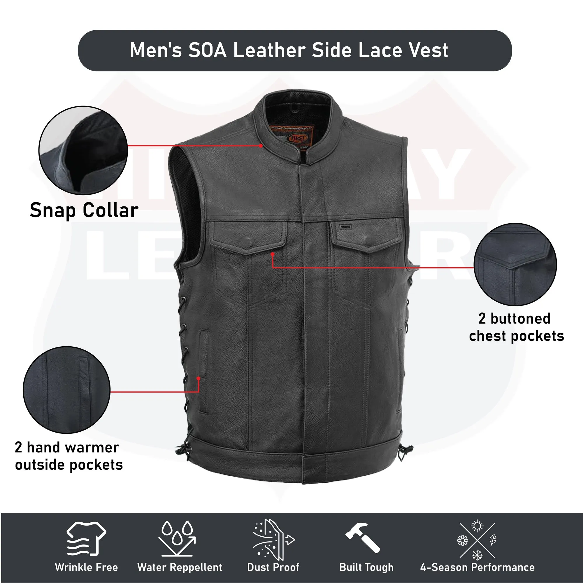 HL11685NKD SOA Men's Leather Vest Anarchy Motorcycle Biker Club Concealed Carry Side Lace