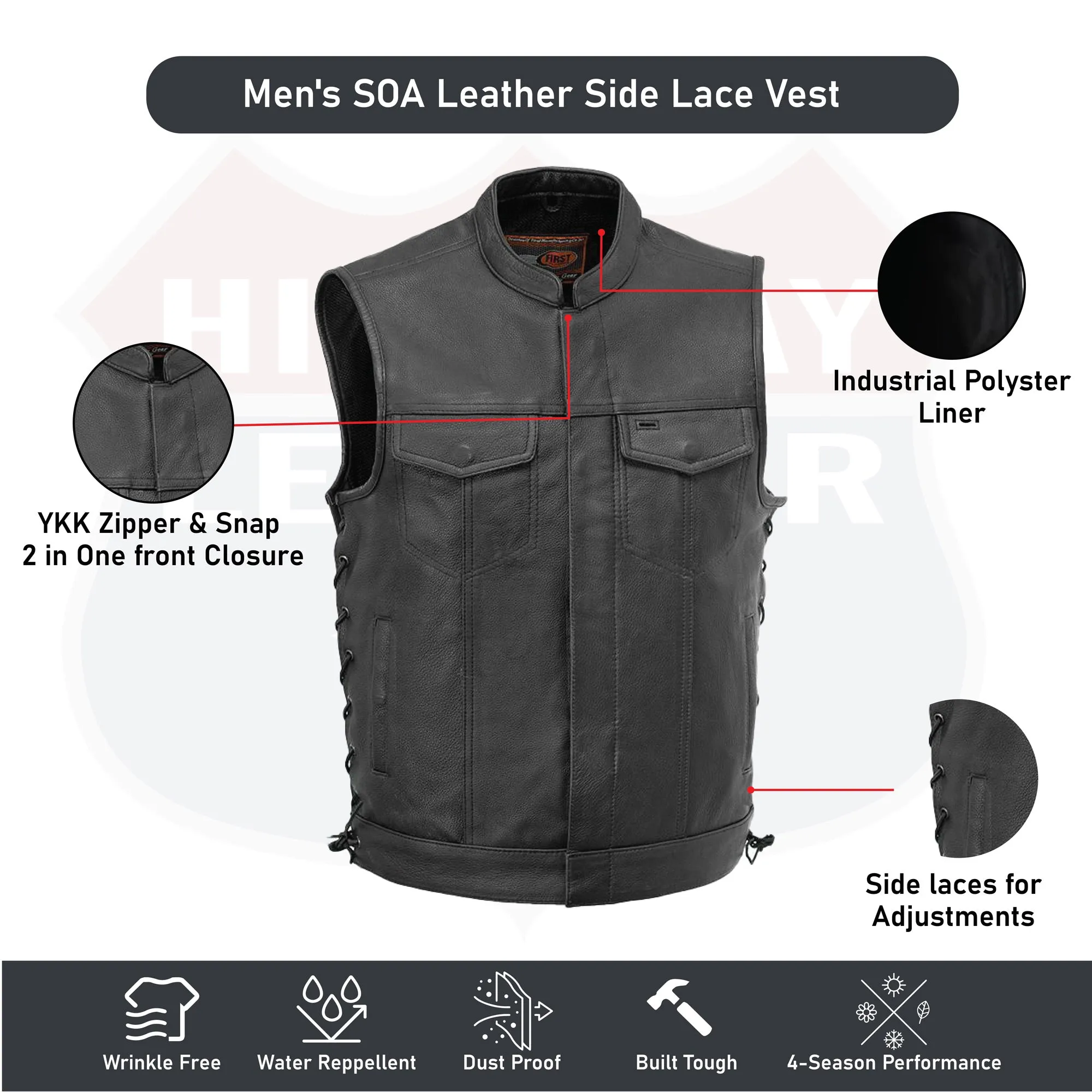 HL11685NKD SOA Men's Leather Vest Anarchy Motorcycle Biker Club Concealed Carry Side Lace