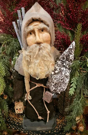 #HOLSAN6  Primitive Handmade Clay Face & Wool Santa