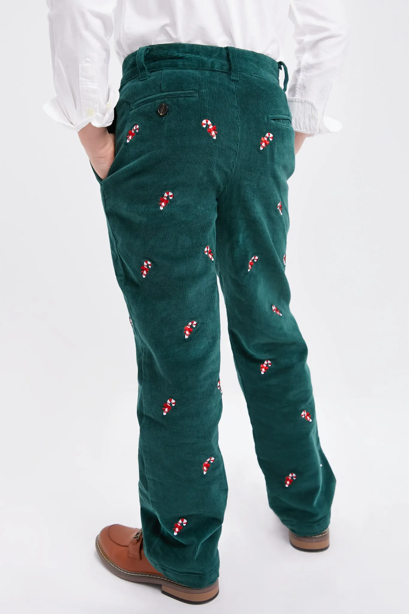 Hunter Green Candy Cane Embroidered Boys Corduroy Pants