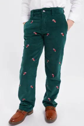 Hunter Green Candy Cane Embroidered Boys Corduroy Pants