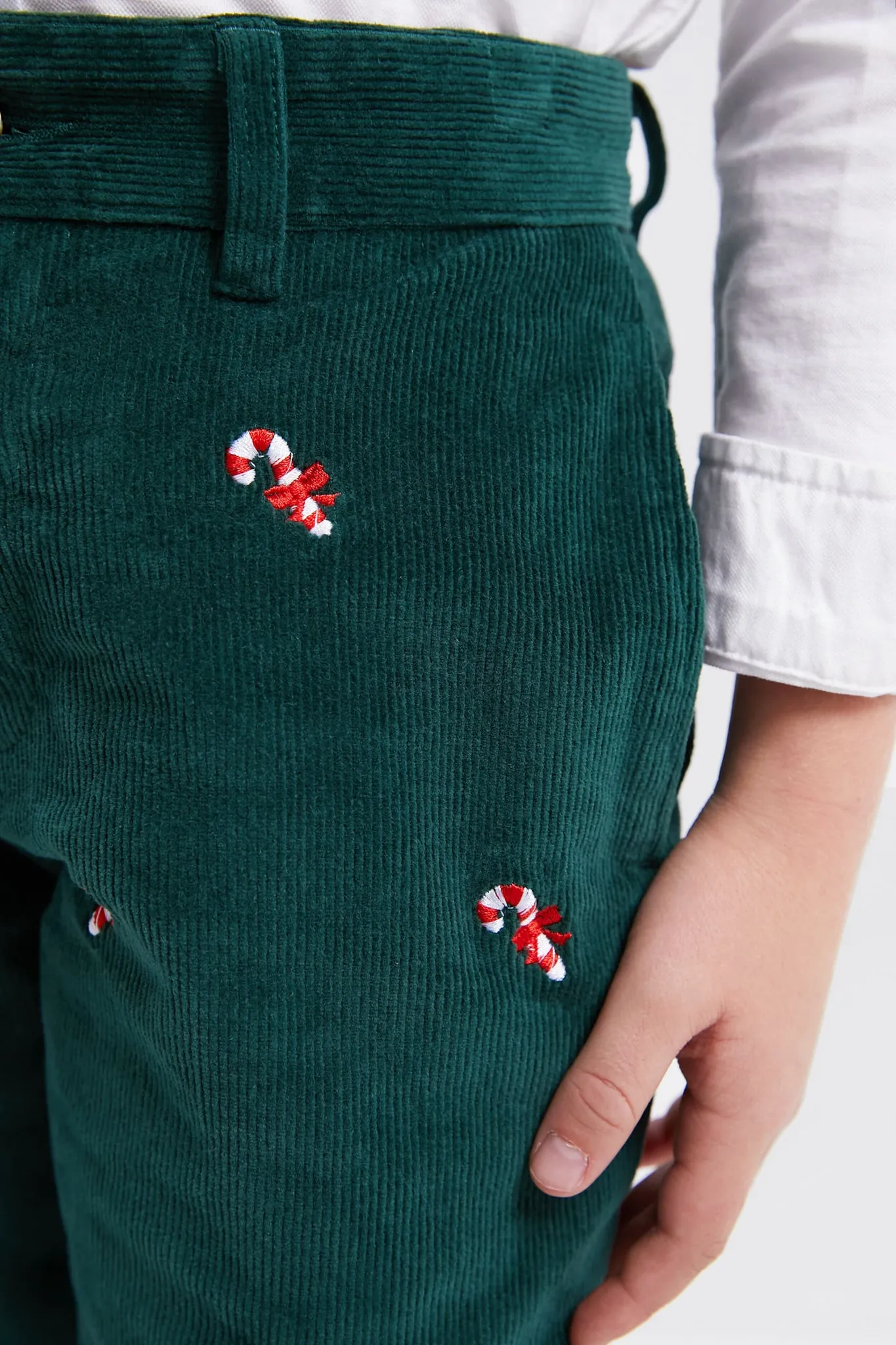 Hunter Green Candy Cane Embroidered Boys Corduroy Pants