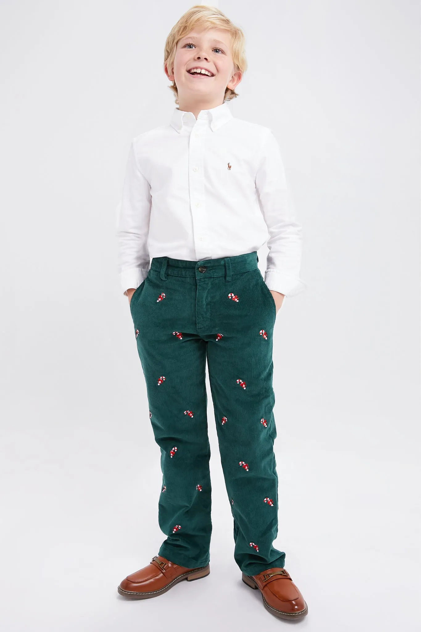 Hunter Green Candy Cane Embroidered Boys Corduroy Pants