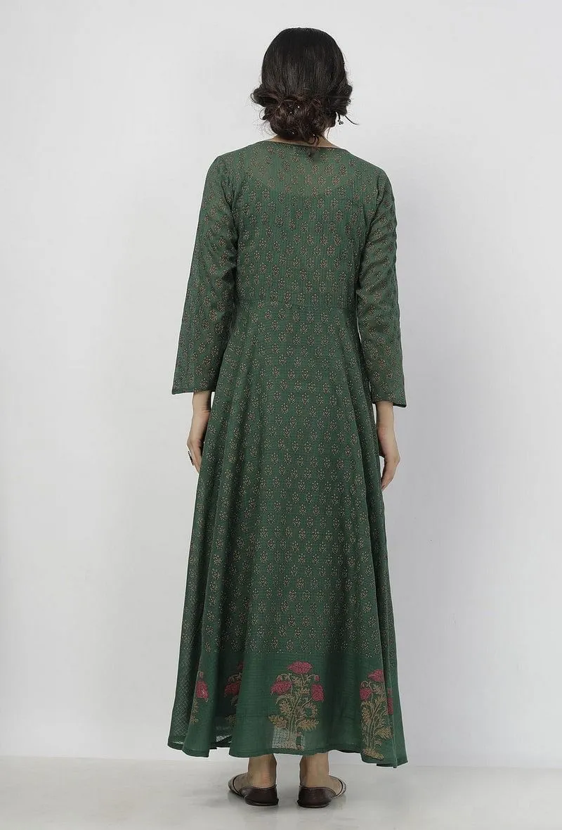 Irvin Bottle Green Floral Motif Hand Block Printed Kota Full Sleeves Cape