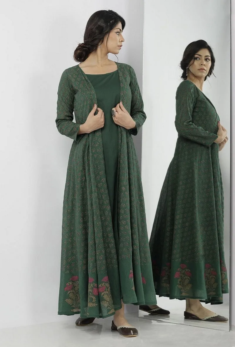 Irvin Bottle Green Floral Motif Hand Block Printed Kota Full Sleeves Cape