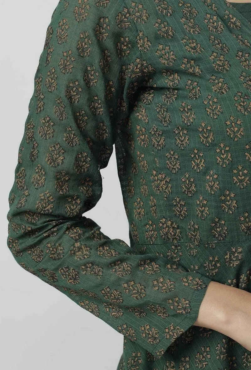 Irvin Bottle Green Floral Motif Hand Block Printed Kota Full Sleeves Cape