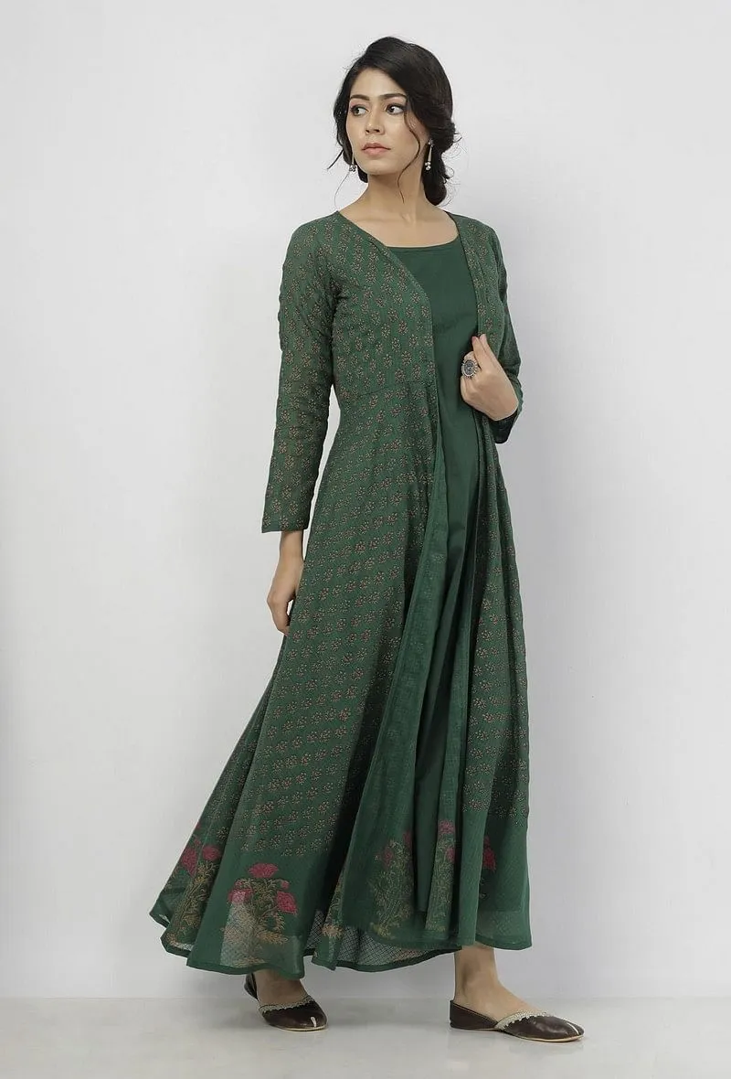 Irvin Bottle Green Floral Motif Hand Block Printed Kota Full Sleeves Cape