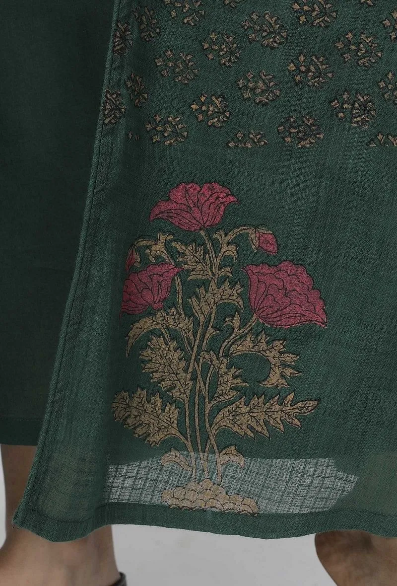 Irvin Bottle Green Floral Motif Hand Block Printed Kota Full Sleeves Cape