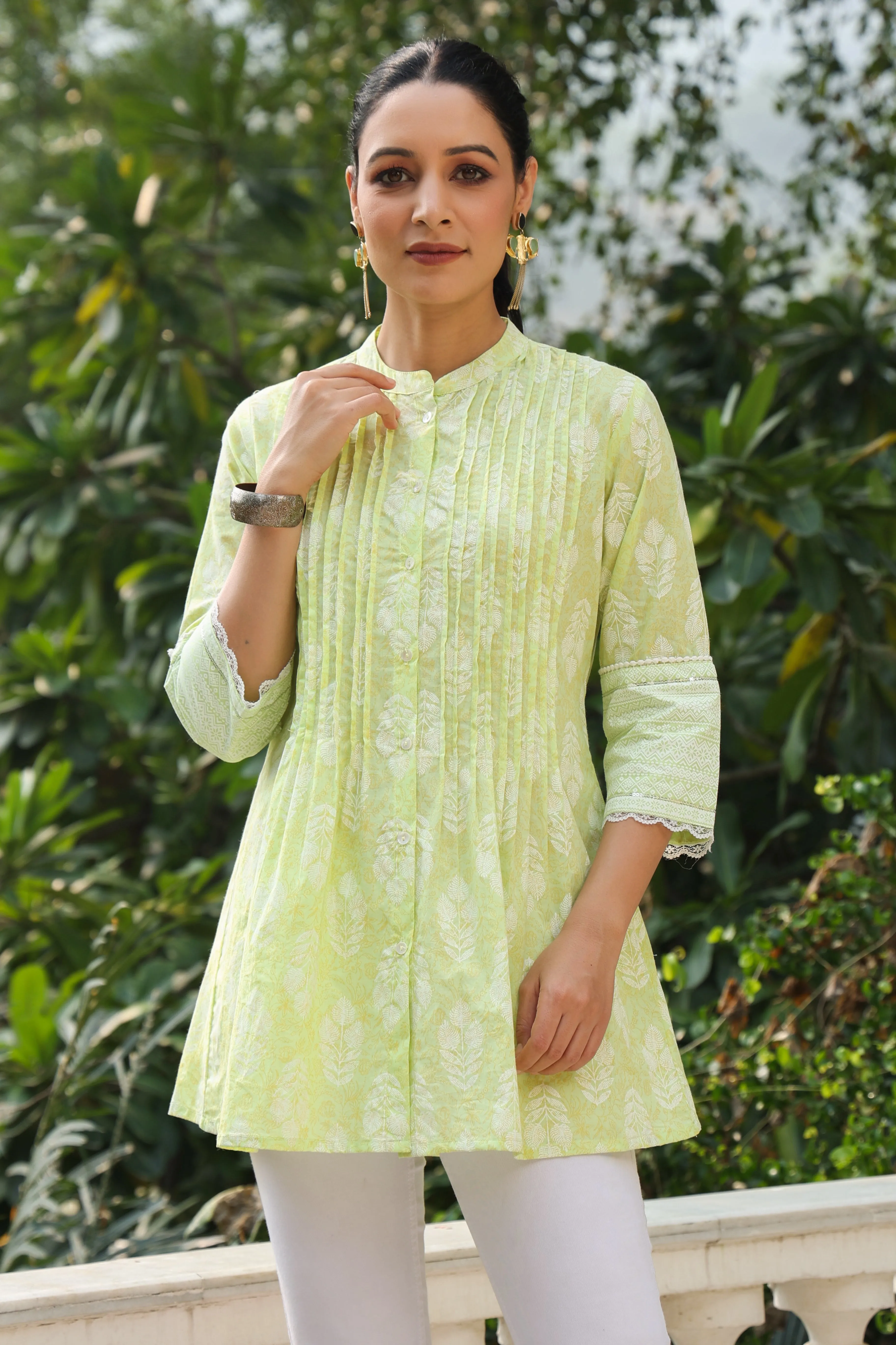 Jashvi Lime Green Ethnic Motif Printed Pure Cotton A-Line Tunic With Lace Work