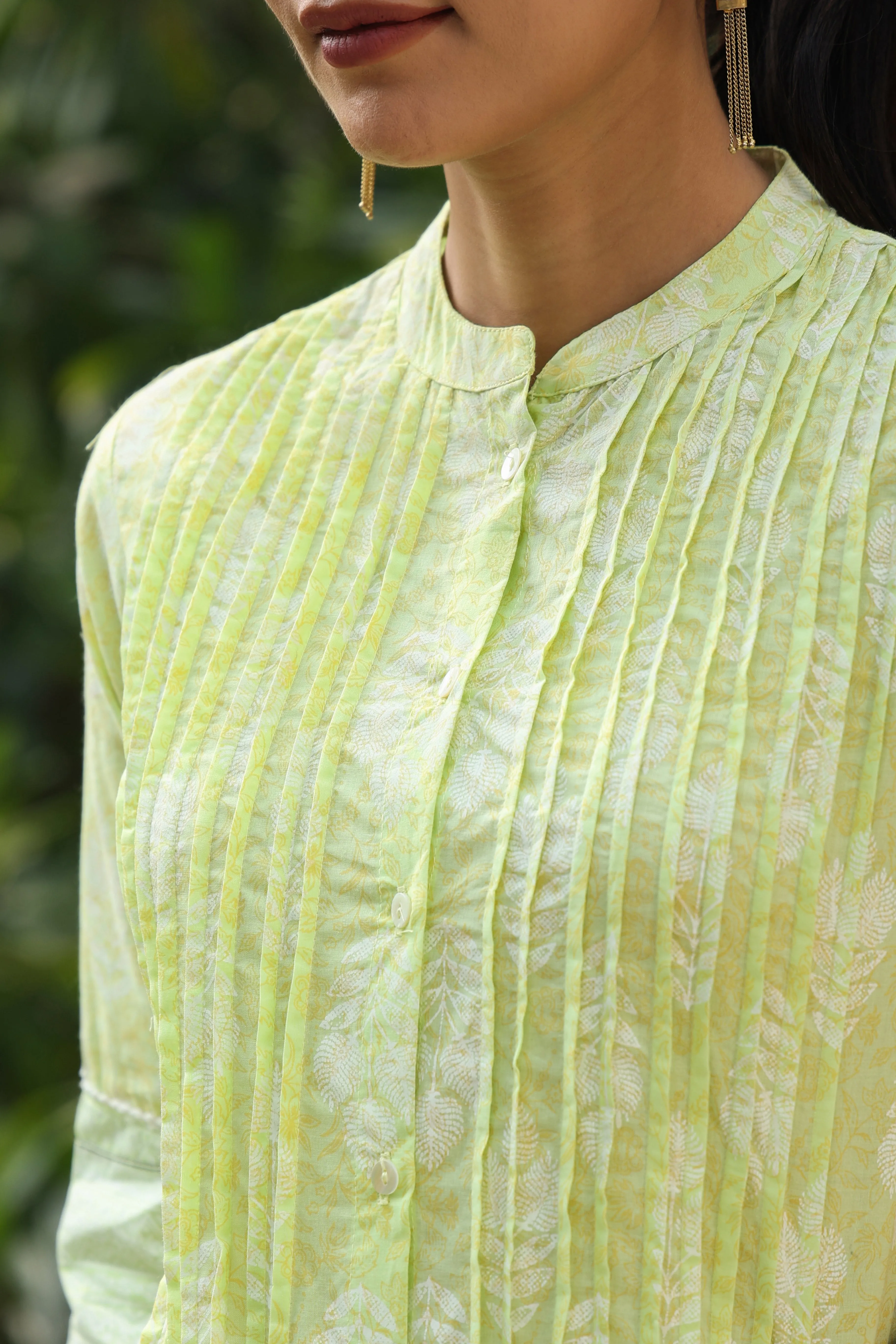 Jashvi Lime Green Ethnic Motif Printed Pure Cotton A-Line Tunic With Lace Work