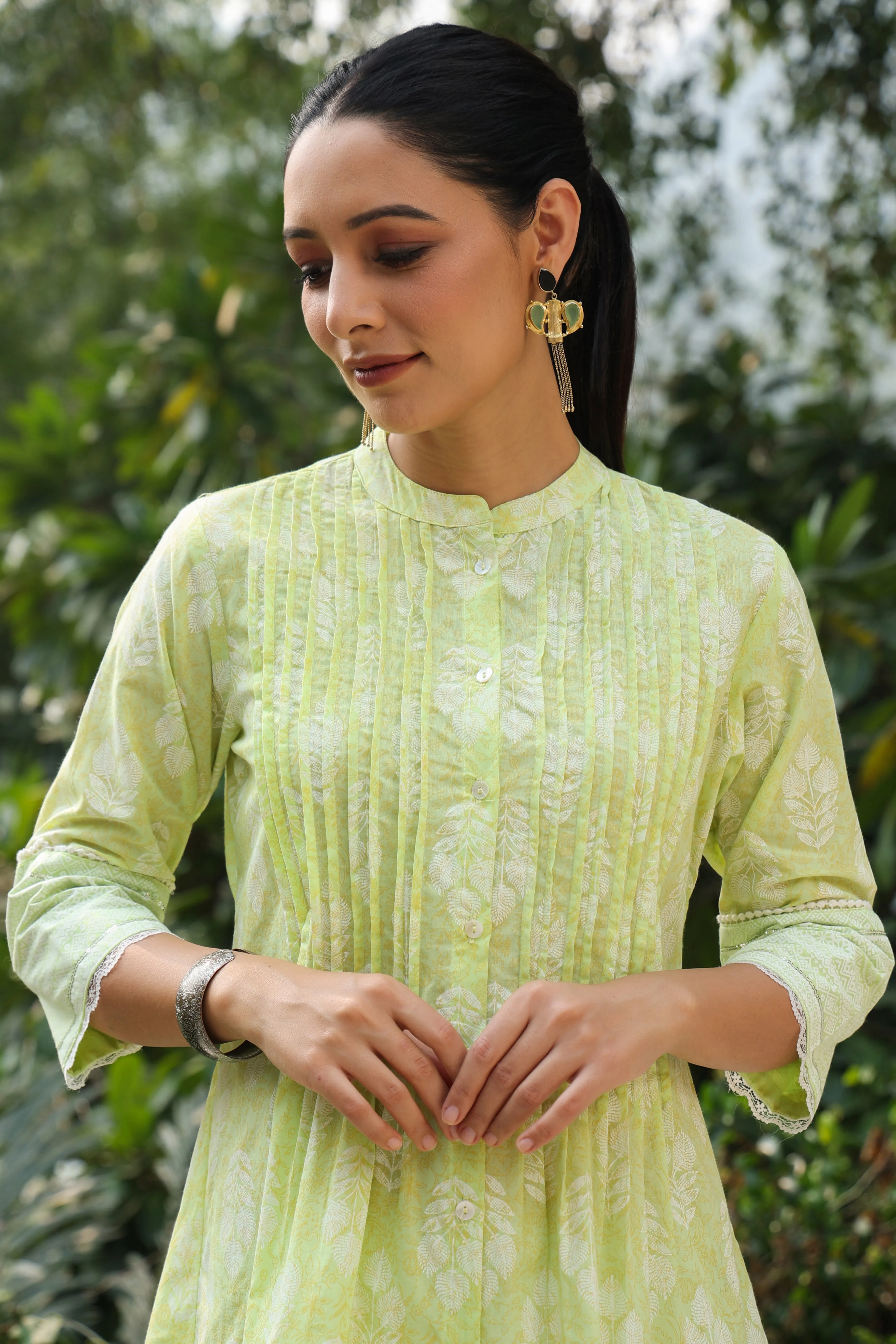 Jashvi Lime Green Ethnic Motif Printed Pure Cotton A-Line Tunic With Lace Work