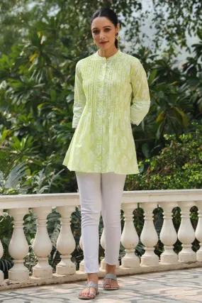 Jashvi Lime Green Ethnic Motif Printed Pure Cotton A-Line Tunic With Lace Work