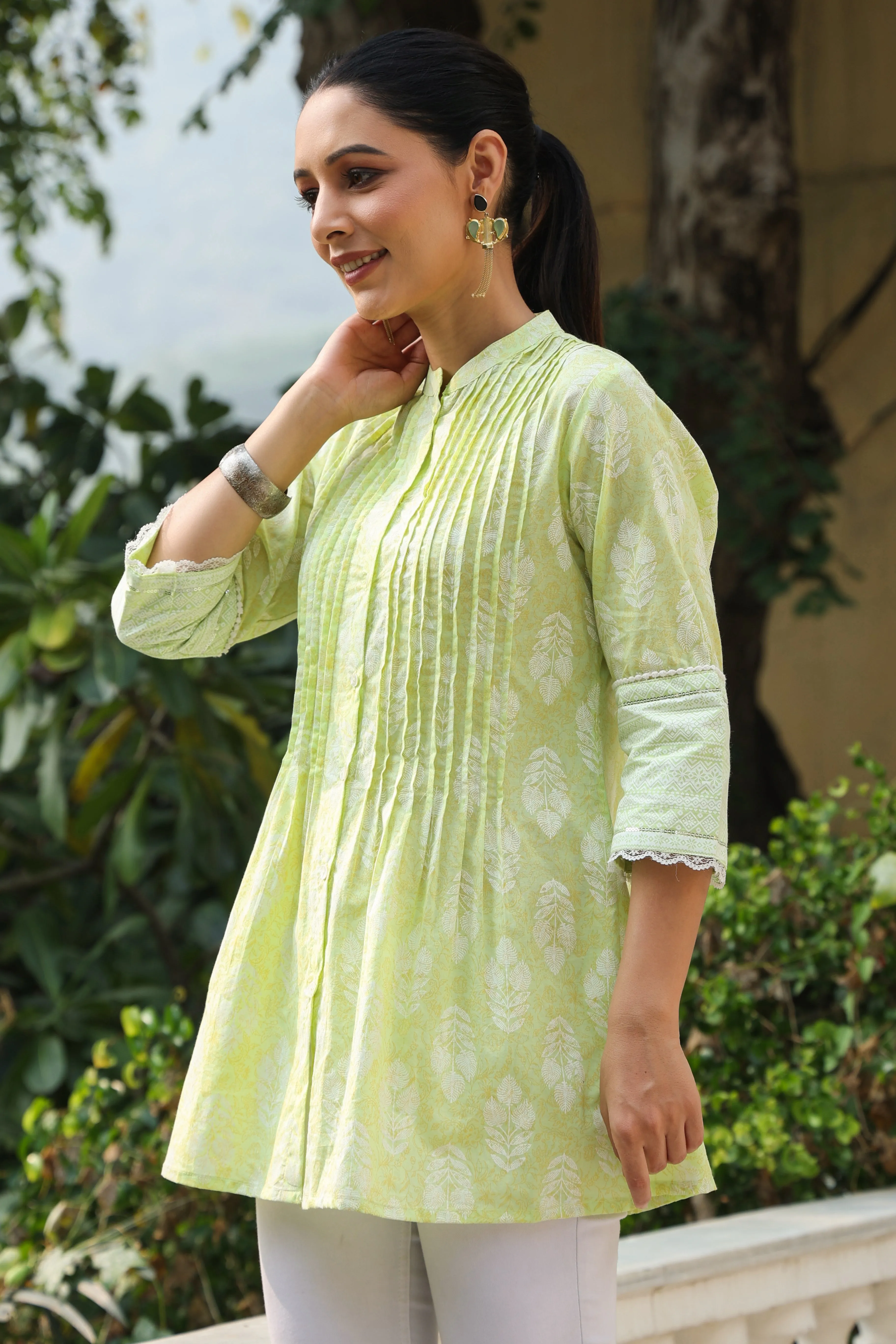 Jashvi Lime Green Ethnic Motif Printed Pure Cotton A-Line Tunic With Lace Work