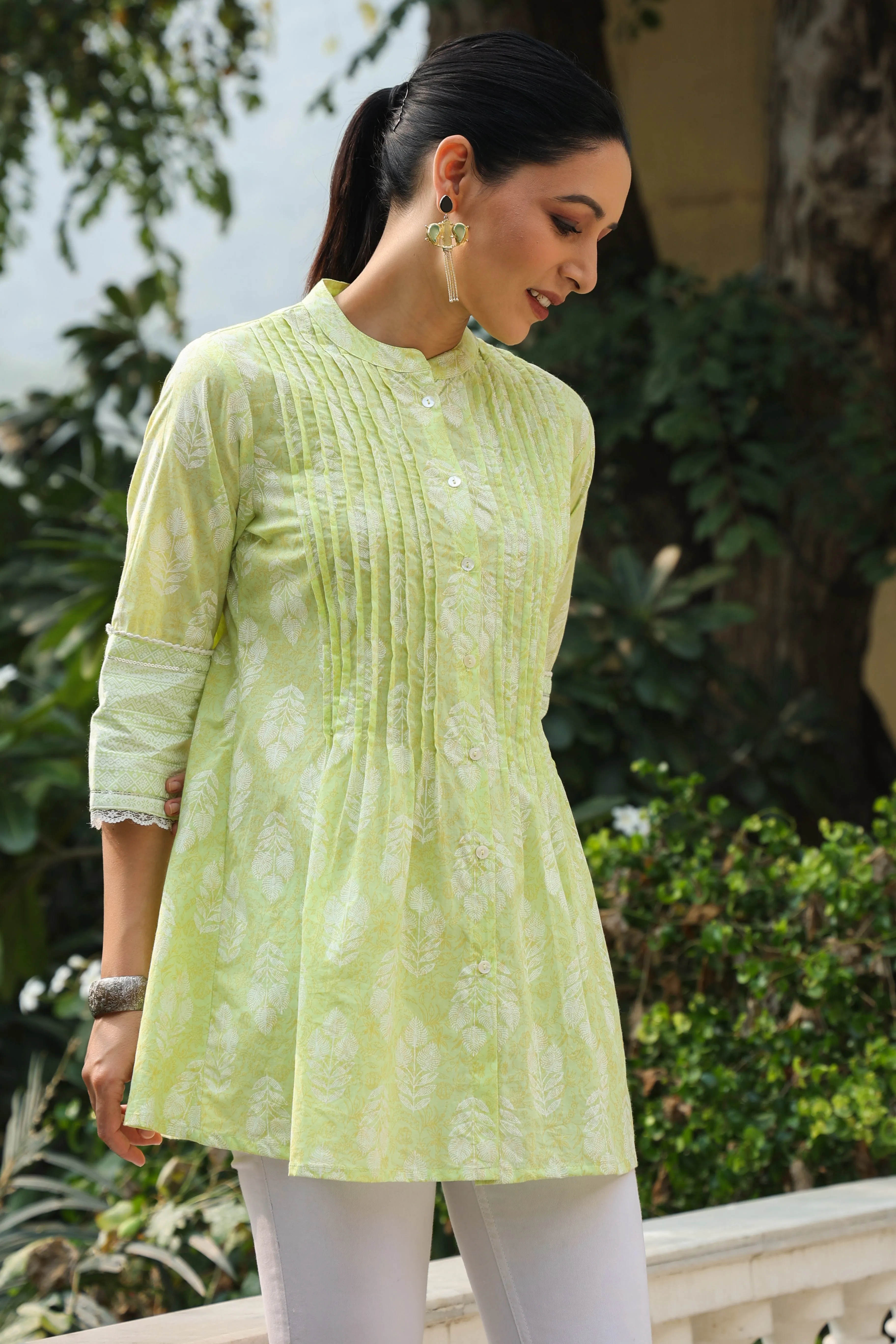 Jashvi Lime Green Ethnic Motif Printed Pure Cotton A-Line Tunic With Lace Work