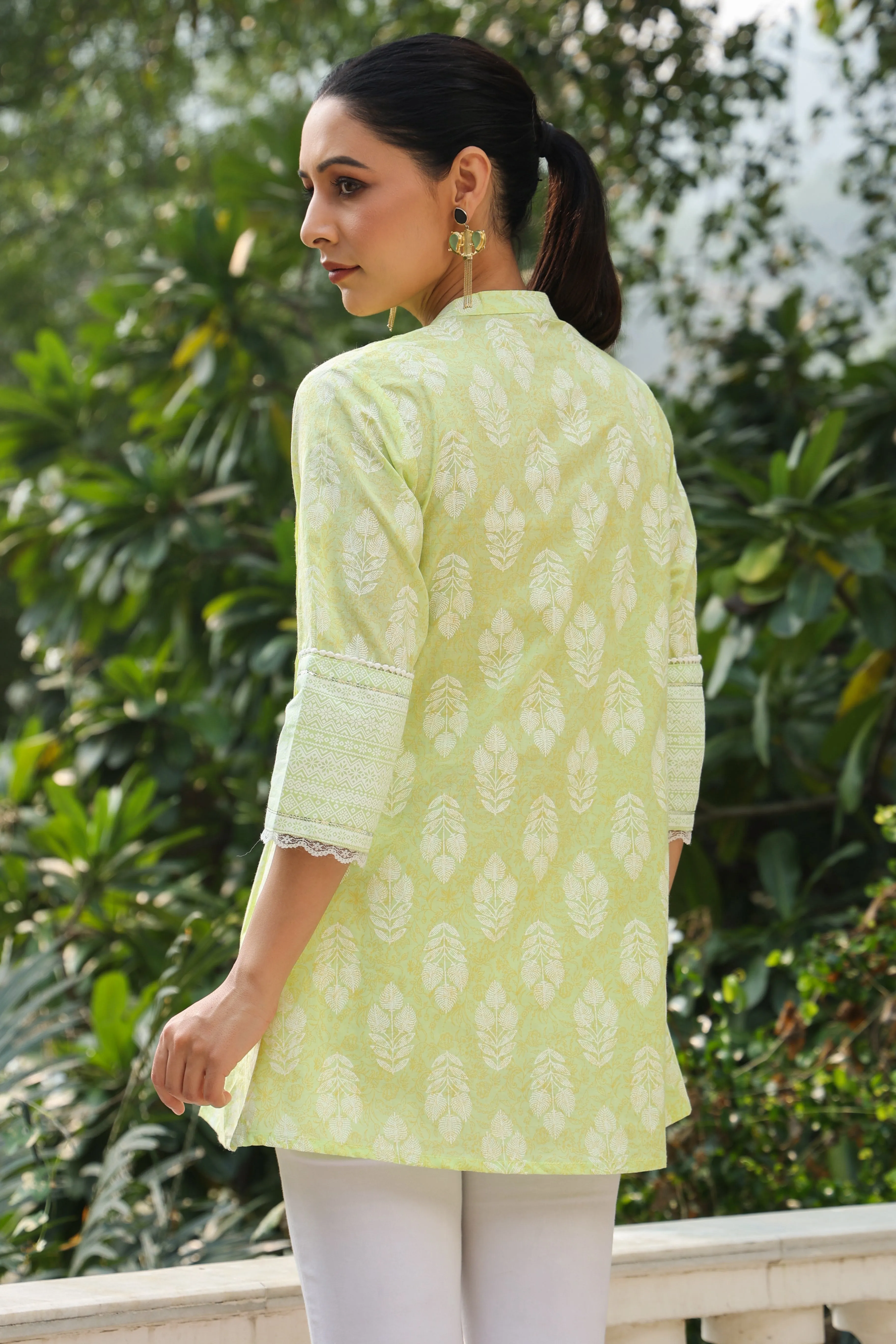 Jashvi Lime Green Ethnic Motif Printed Pure Cotton A-Line Tunic With Lace Work