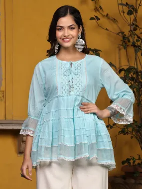 Jashvi Sky Blue Solid Peplum Lacy Keyhole Neckline Tunic With Lining