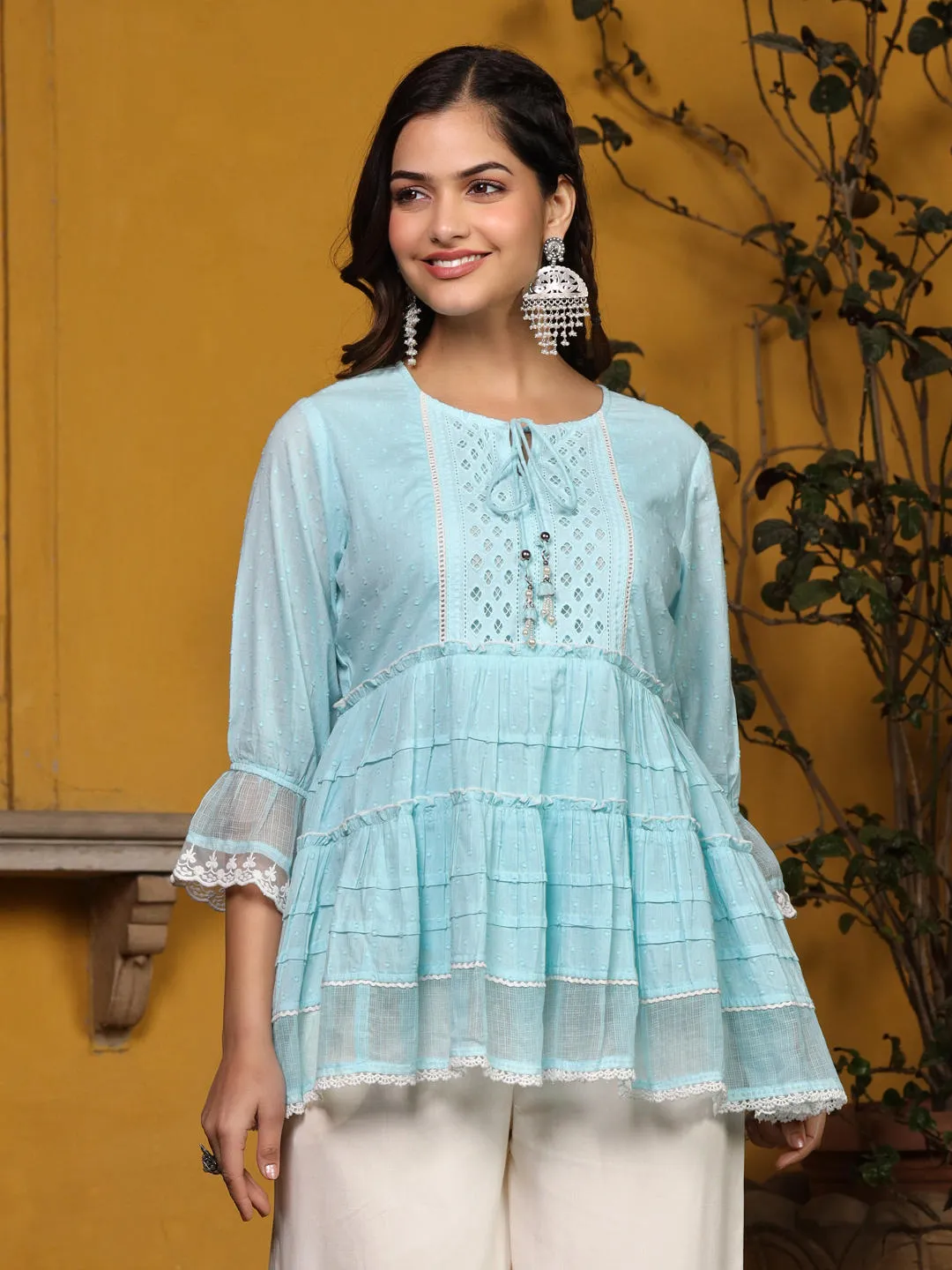 Jashvi Sky Blue Solid Peplum Lacy Keyhole Neckline Tunic With Lining