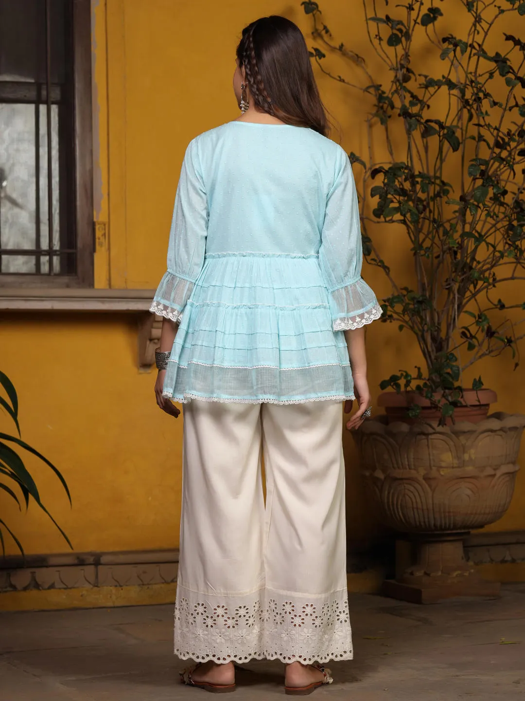 Jashvi Sky Blue Solid Peplum Lacy Keyhole Neckline Tunic With Lining