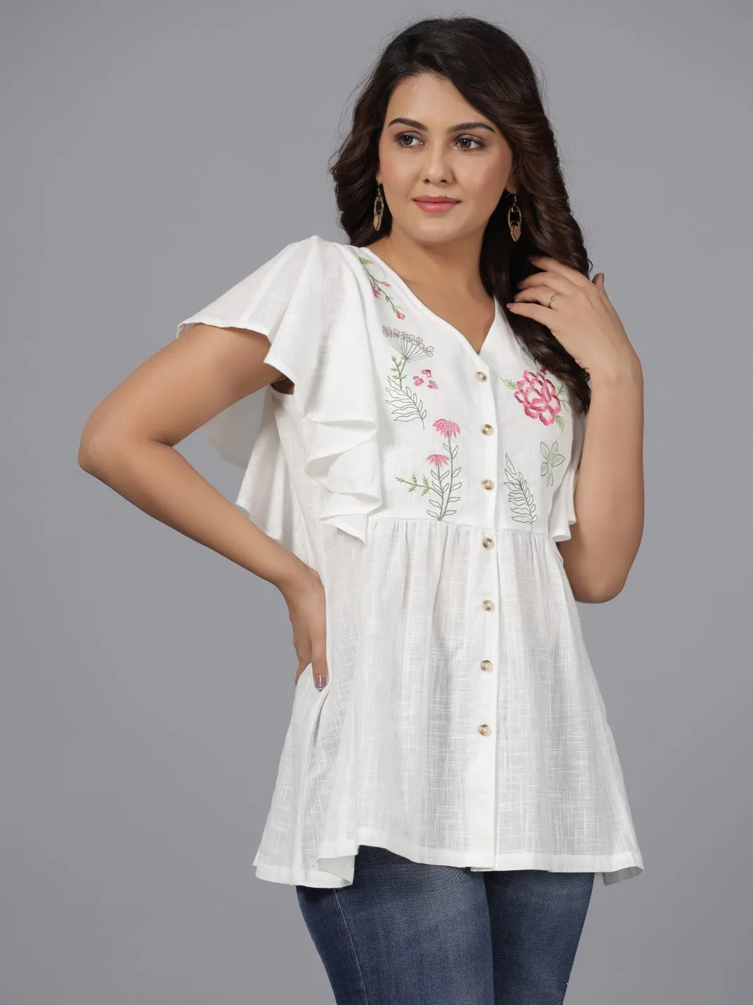 Jashvi White Floral Printed Cotton Slub Tunic With Thread Embroidery