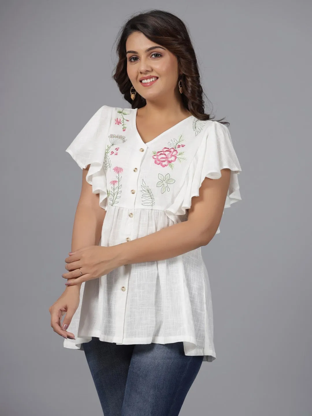 Jashvi White Floral Printed Cotton Slub Tunic With Thread Embroidery