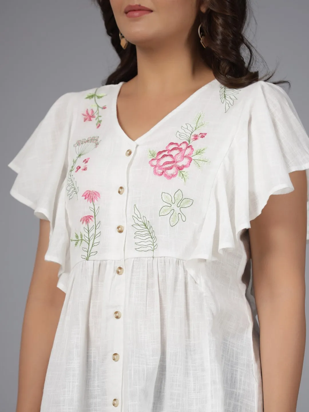 Jashvi White Floral Printed Cotton Slub Tunic With Thread Embroidery