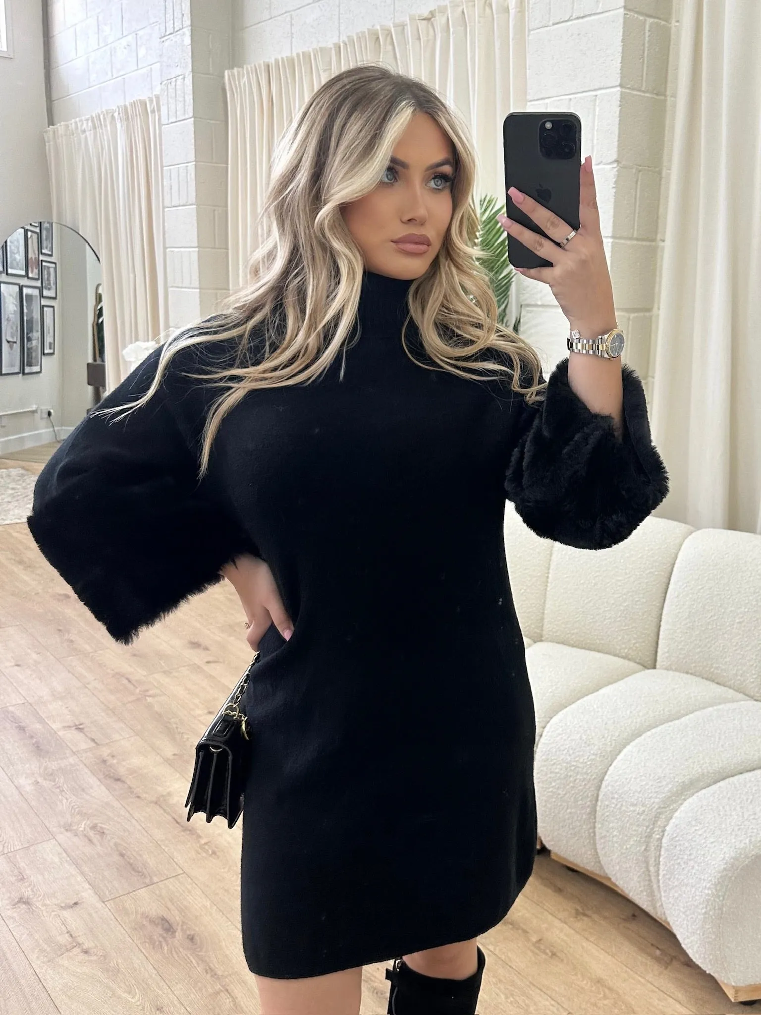 Jayden black faux fur cuff knit dress