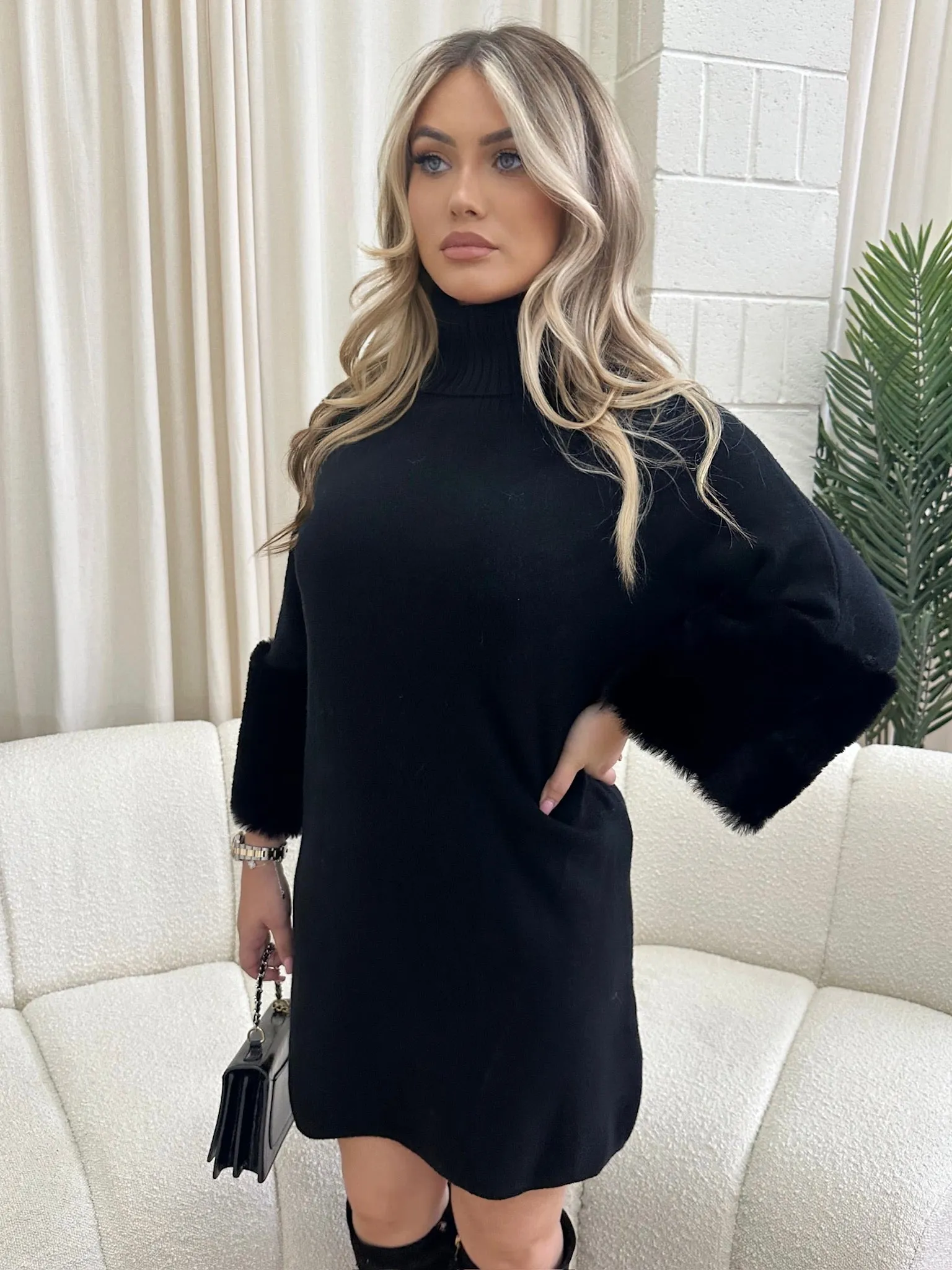 Jayden black faux fur cuff knit dress