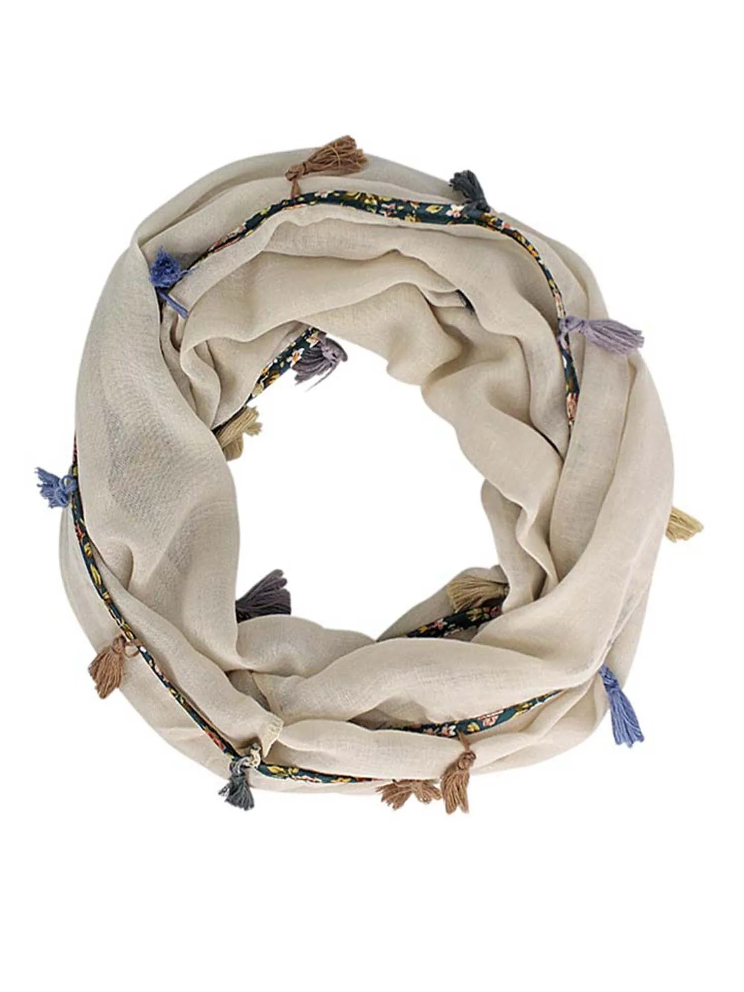 Jersey Knit Circle Scarf With Multicolor Tassels