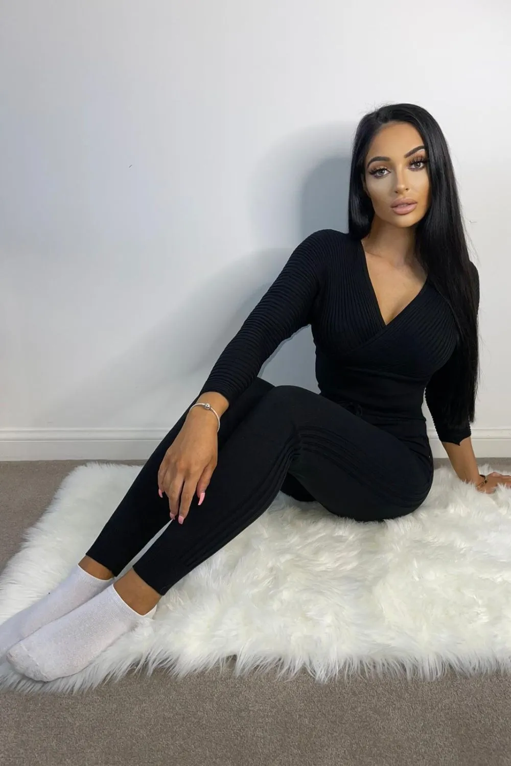 Jordyn Black Plunge Ribbed Cropped Co-ord Lounge Set