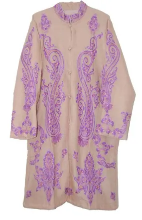 Kashmiri Woolen Coat Beige, Purple Embroidery #AO-1233