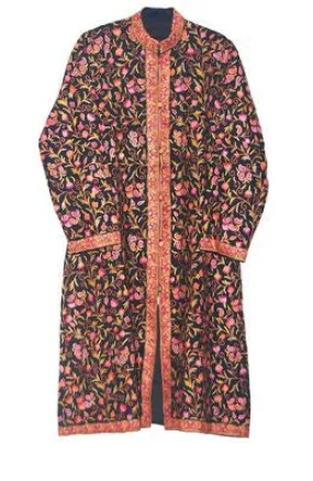 Kashmiri Woolen Coat Black, Multicolor Embroidery #AO-127