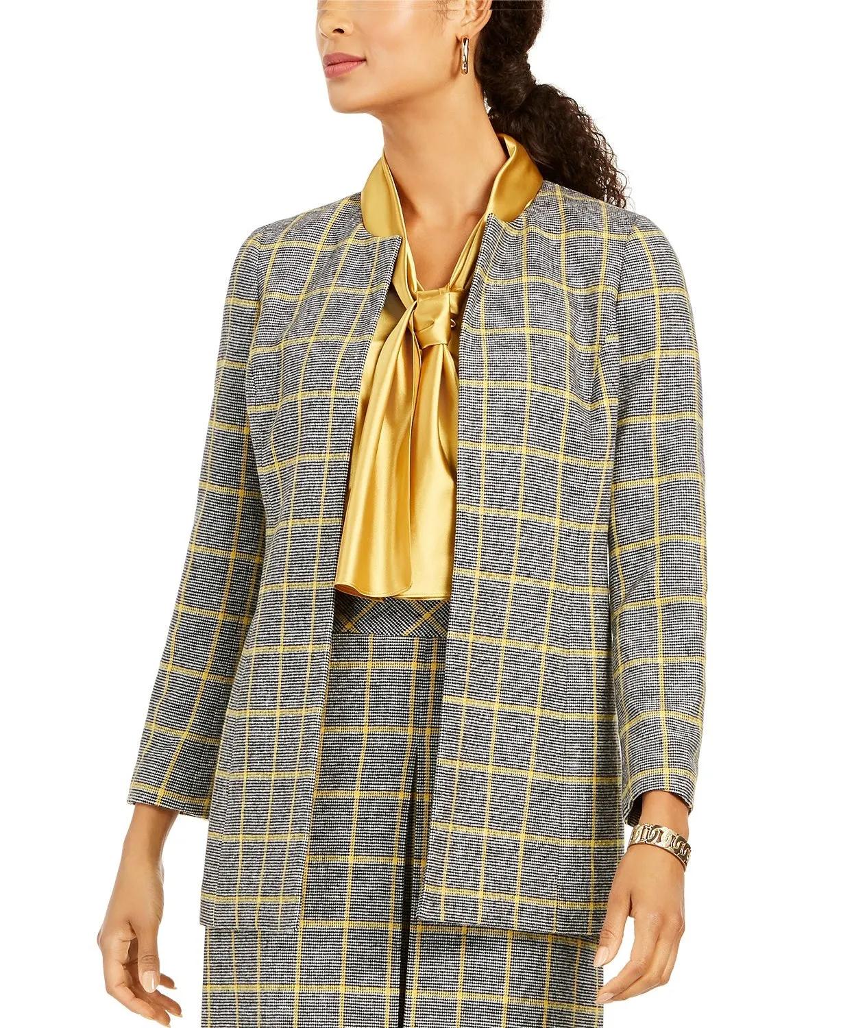 Kasper Women's Open-Front Plaid Jacket Yellow Size 10