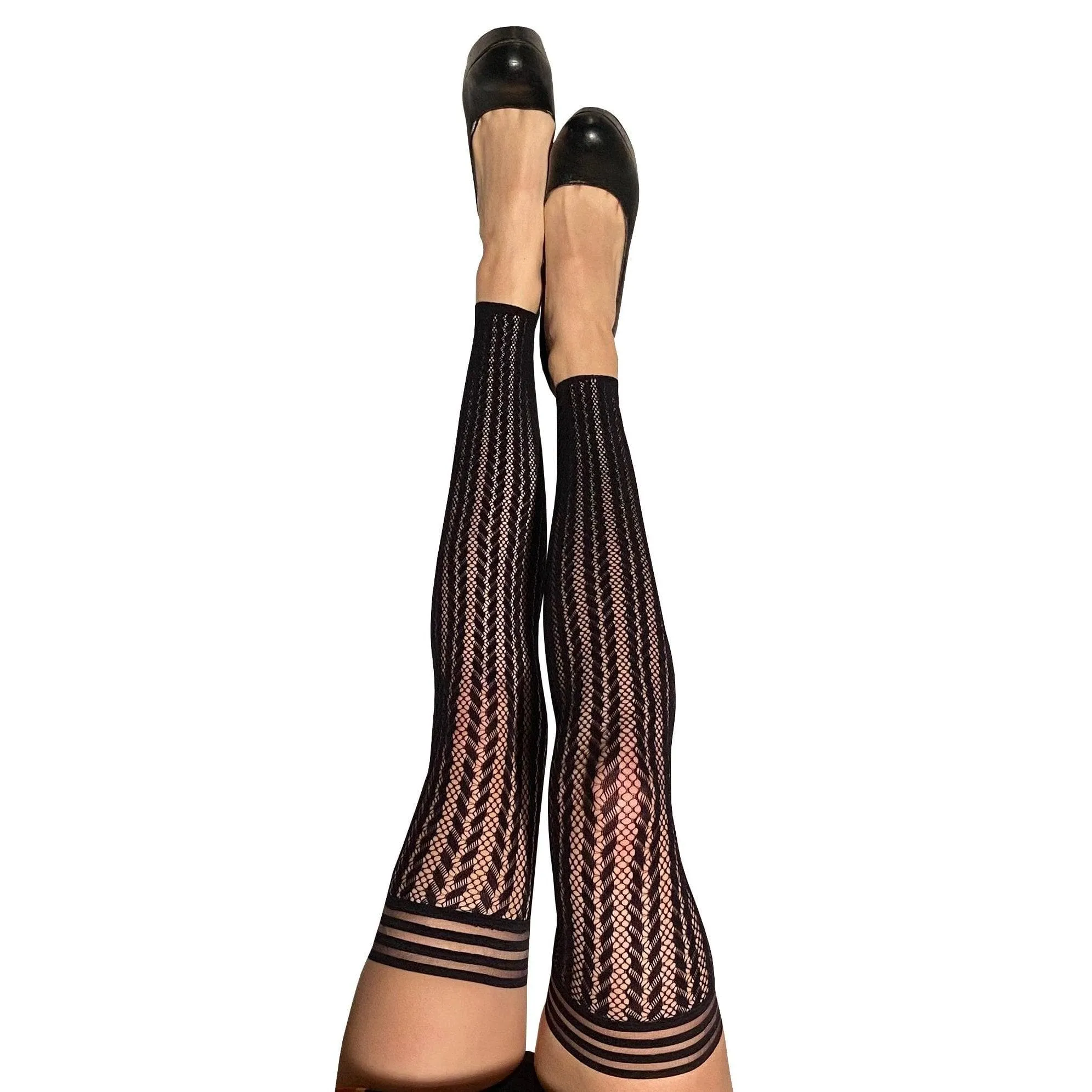 Kixies Lindsay Footlless Black Stripe Fishnet Thigh High Tights Black