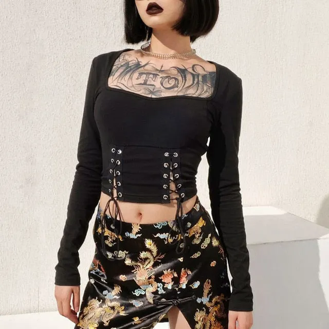 Lace Up Square Collar Long Sleeve Floral Skirt