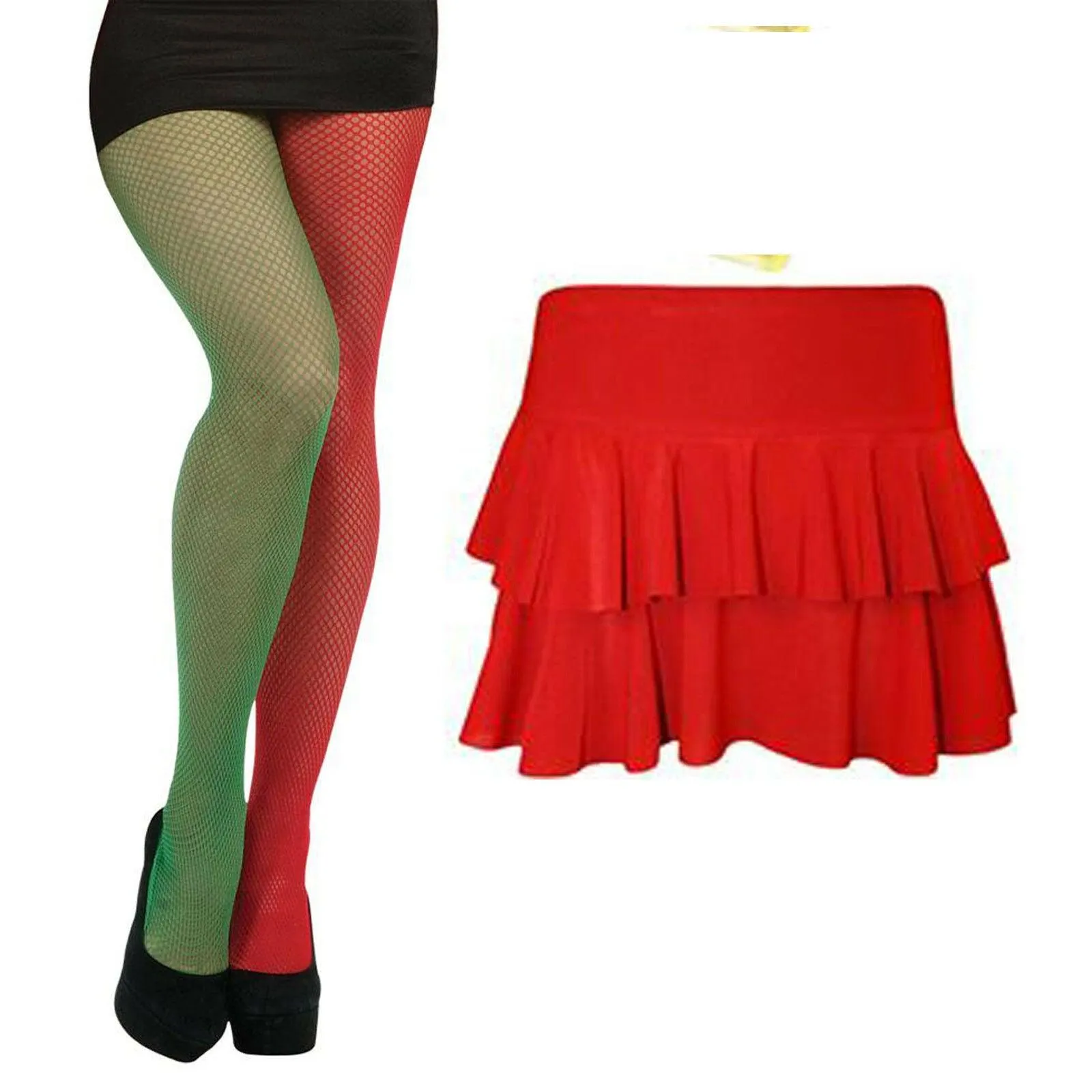 Ladies Christmas  Red Green Elf Fishnet Tights  Rara Skirt Xmas Fancy Dress