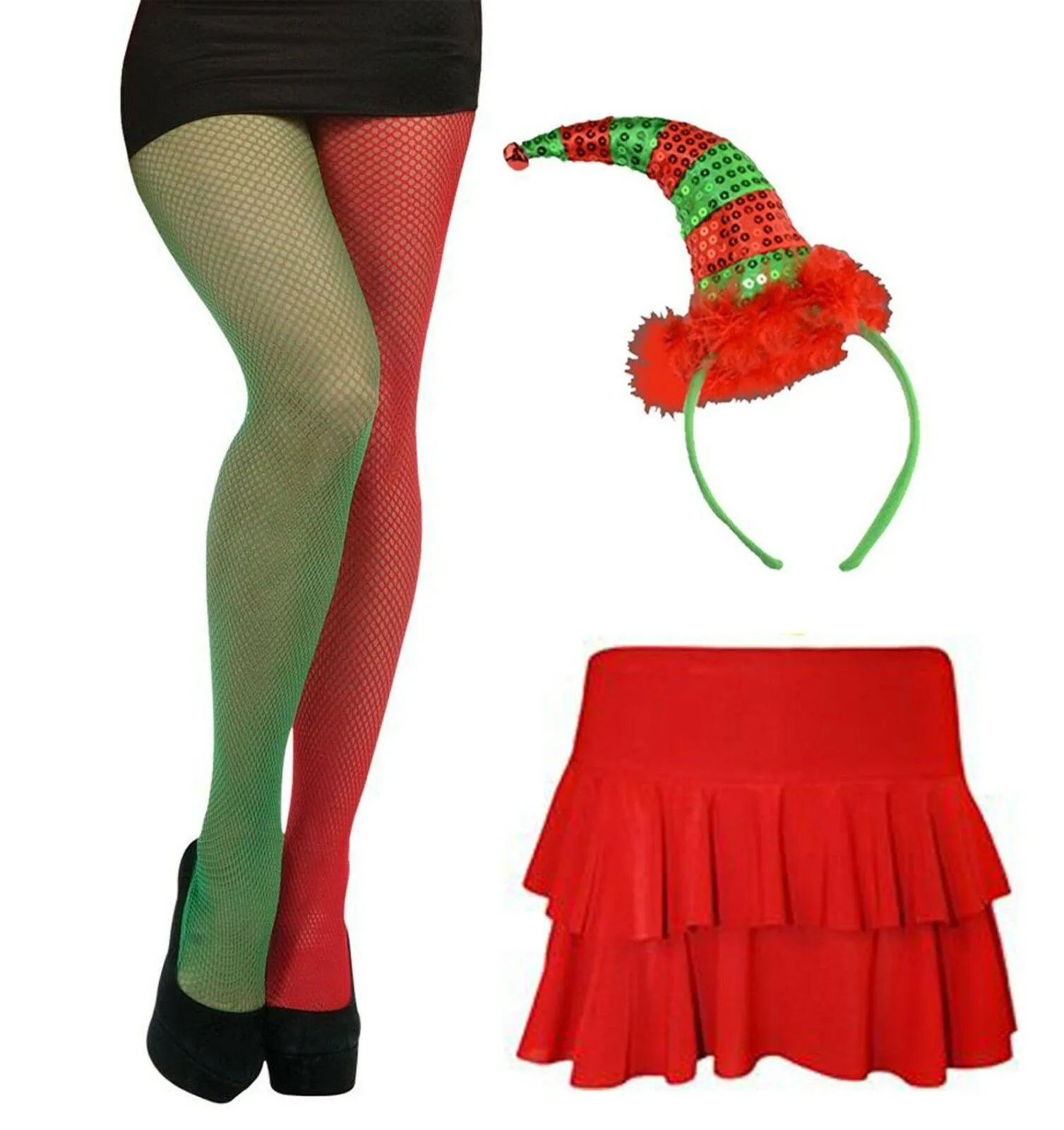 Ladies Christmas  Red Rara Fishnet Tight Sequin Headband Xmas Fancy Dress