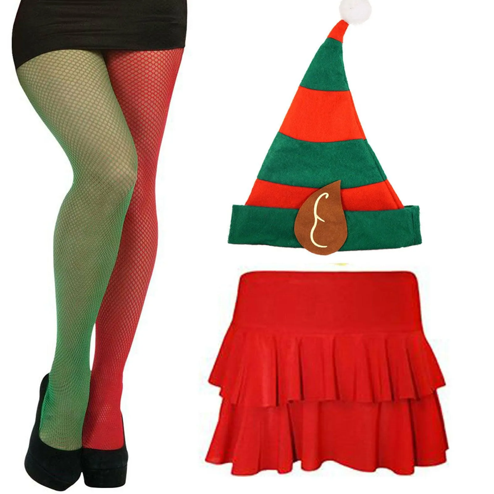 Ladies Christmas  Red Rara Skirt Fishnet Tights Elf Hat Xmas Fancy Dress