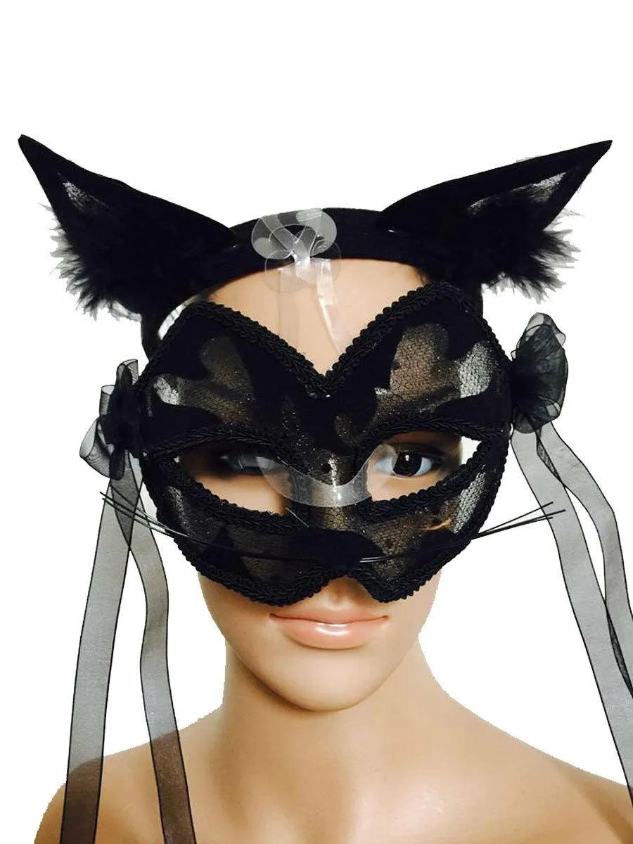 Ladies Halloween Black Cat Mask with Felt and Lace & Cape Fancy Dress Outfit