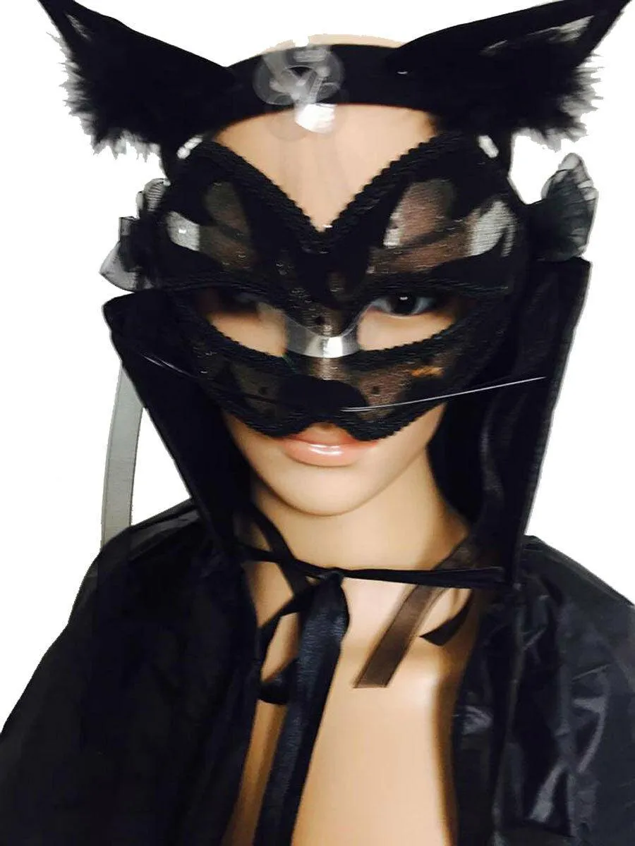 Ladies Halloween Black Cat Mask with Felt and Lace & Cape Fancy Dress Outfit